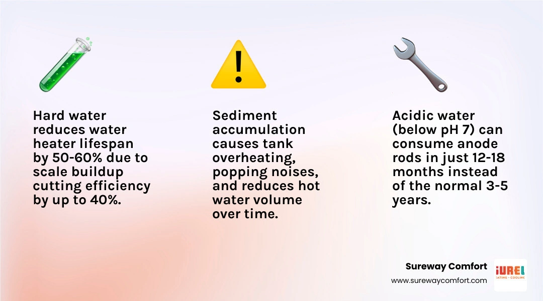 Infographic showing how hard water, acidic water, and sediment reduce water heater lifespan and efficiency infographic