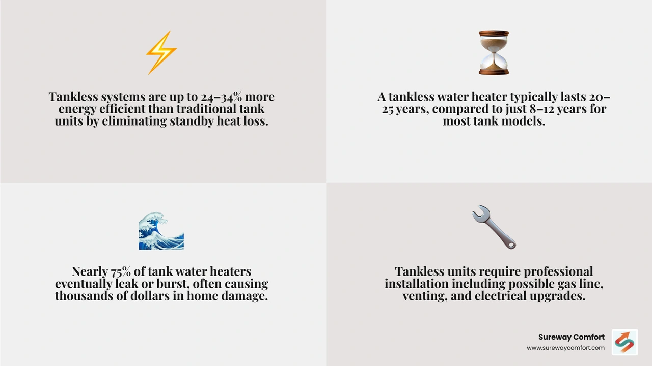 Infographic comparing tank vs tankless water heater: lifespan, efficiency ratings, BTU demand, and flood risk infographic Infographic comparing tank vs tankless water heater: lifespan, efficiency ratings, BTU demand, and flood risk infographic