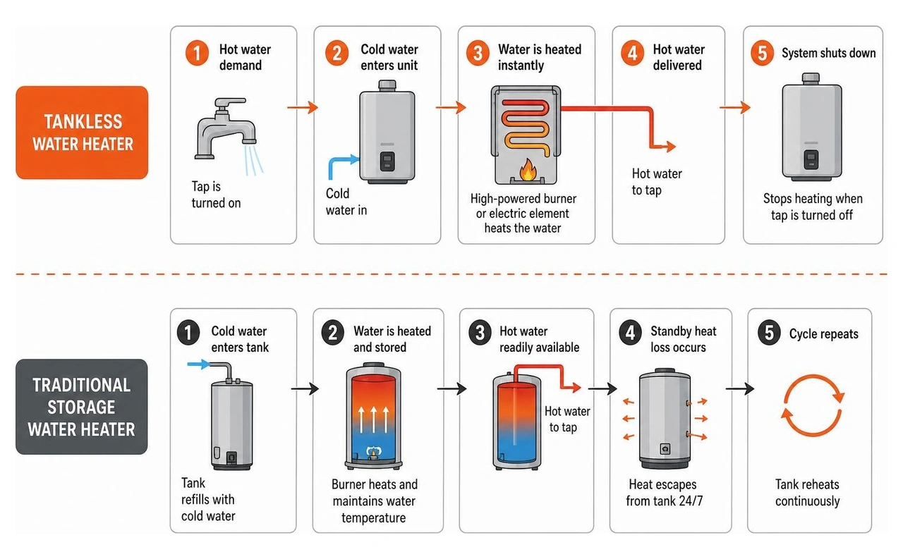 Process flow of water heating in tankless vs traditional storage water heaters Process flow of water heating in tankless vs traditional storage water heaters