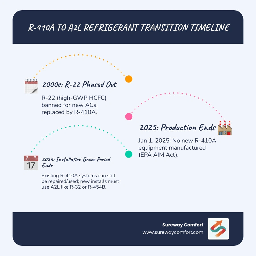 Refrigerant transition timeline from R-22 to R-410A to A2L refrigerants for homeowners infographic Refrigerant transition timeline from R-22 to R-410A to A2L refrigerants for homeowners infographic