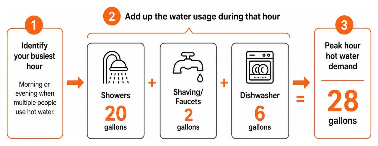Diagram showing how to calculate peak hour hot water demand by adding simultaneous appliance and shower usage Diagram showing how to calculate peak hour hot water demand by adding simultaneous appliance and shower usage