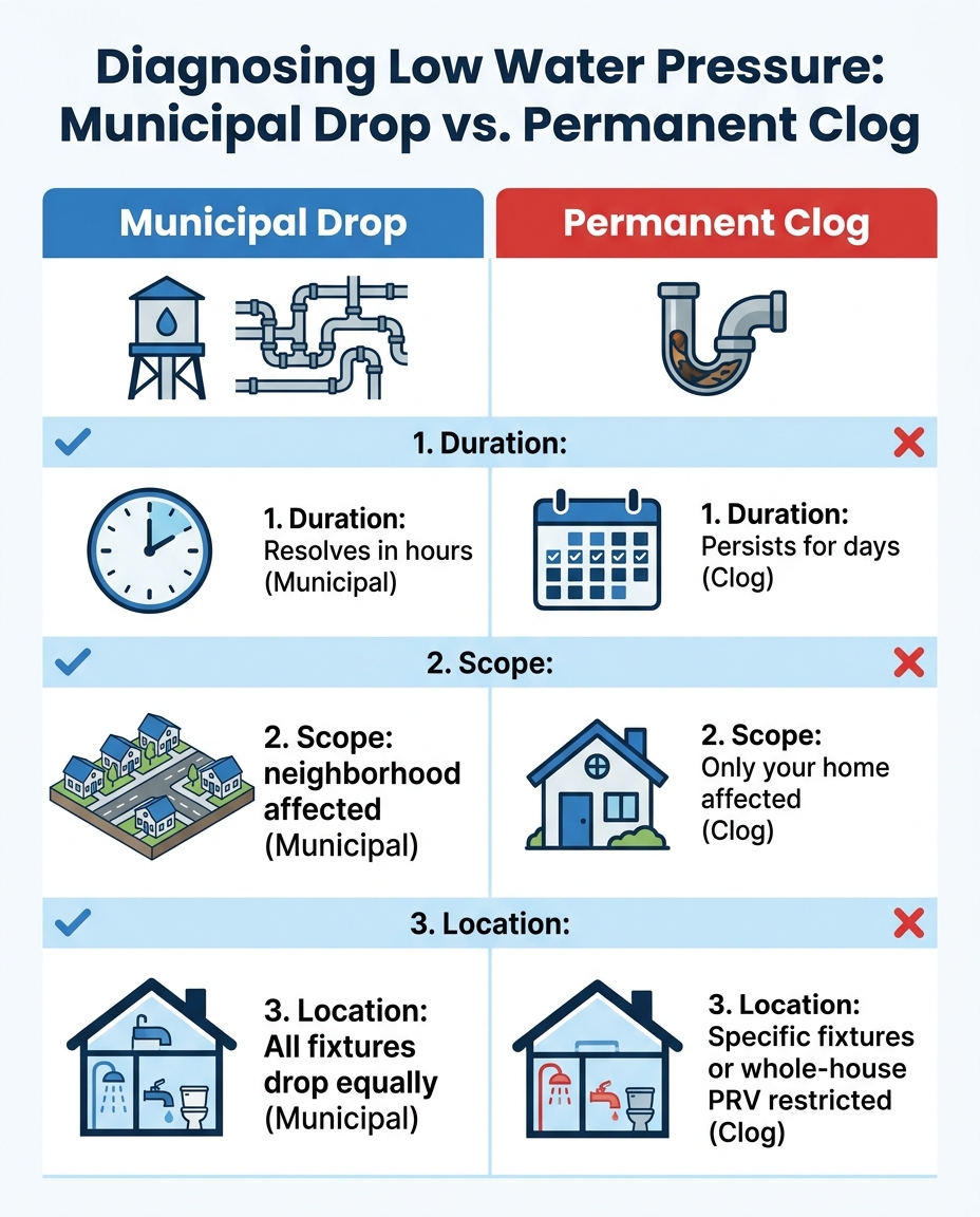 Diagnosing Low Water Pressure: Municipal Drop vs. Permanent Clog