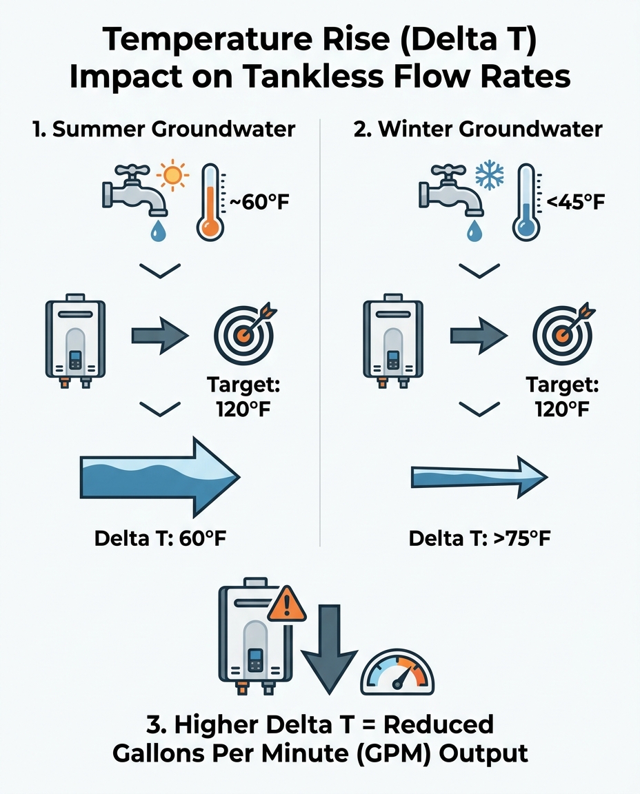 Temperature Rise (Delta T) Impact on Tankless Flow Rates