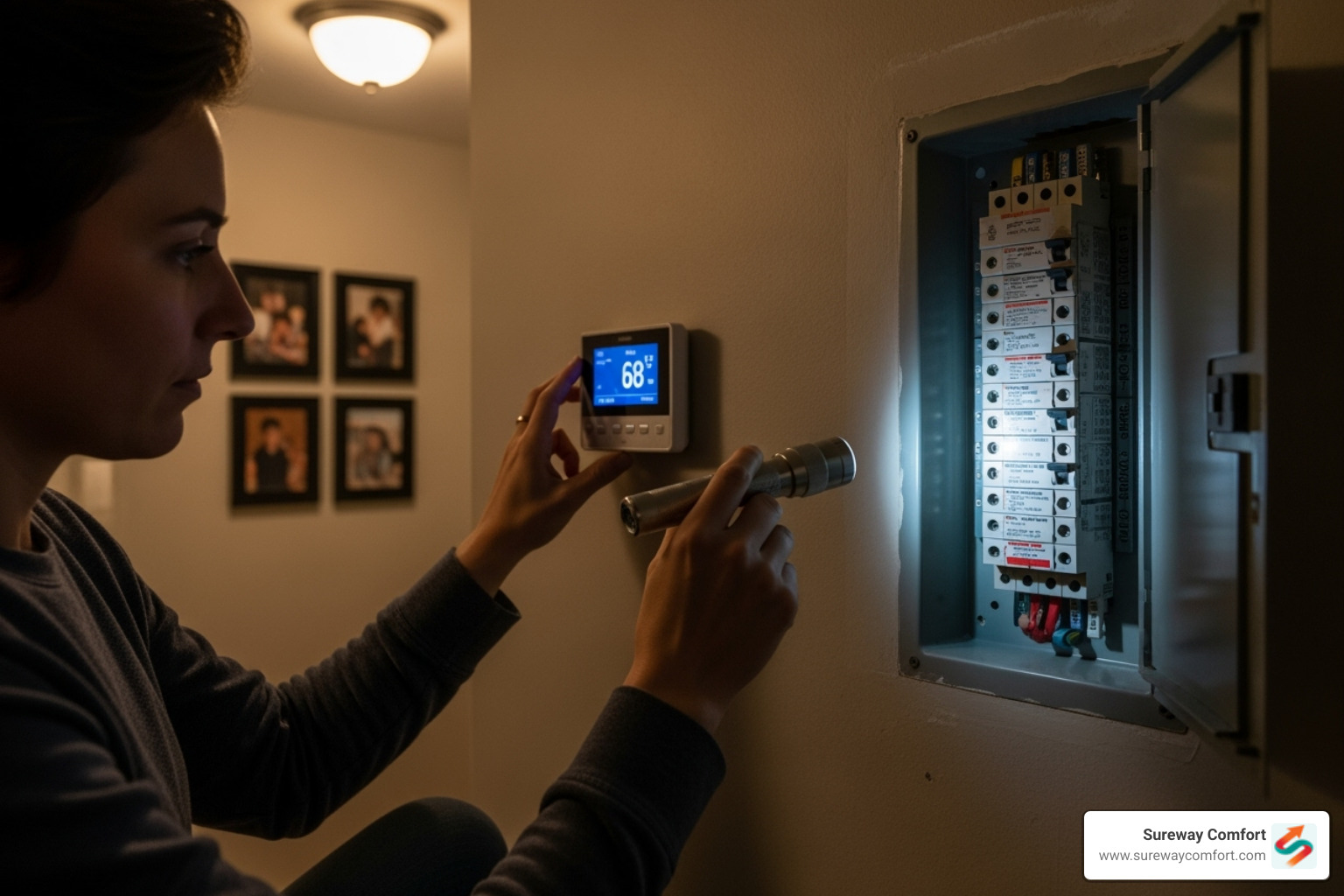 person checking thermostat and circuit breaker - emergency AC repair person checking thermostat and circuit breaker - emergency AC repair