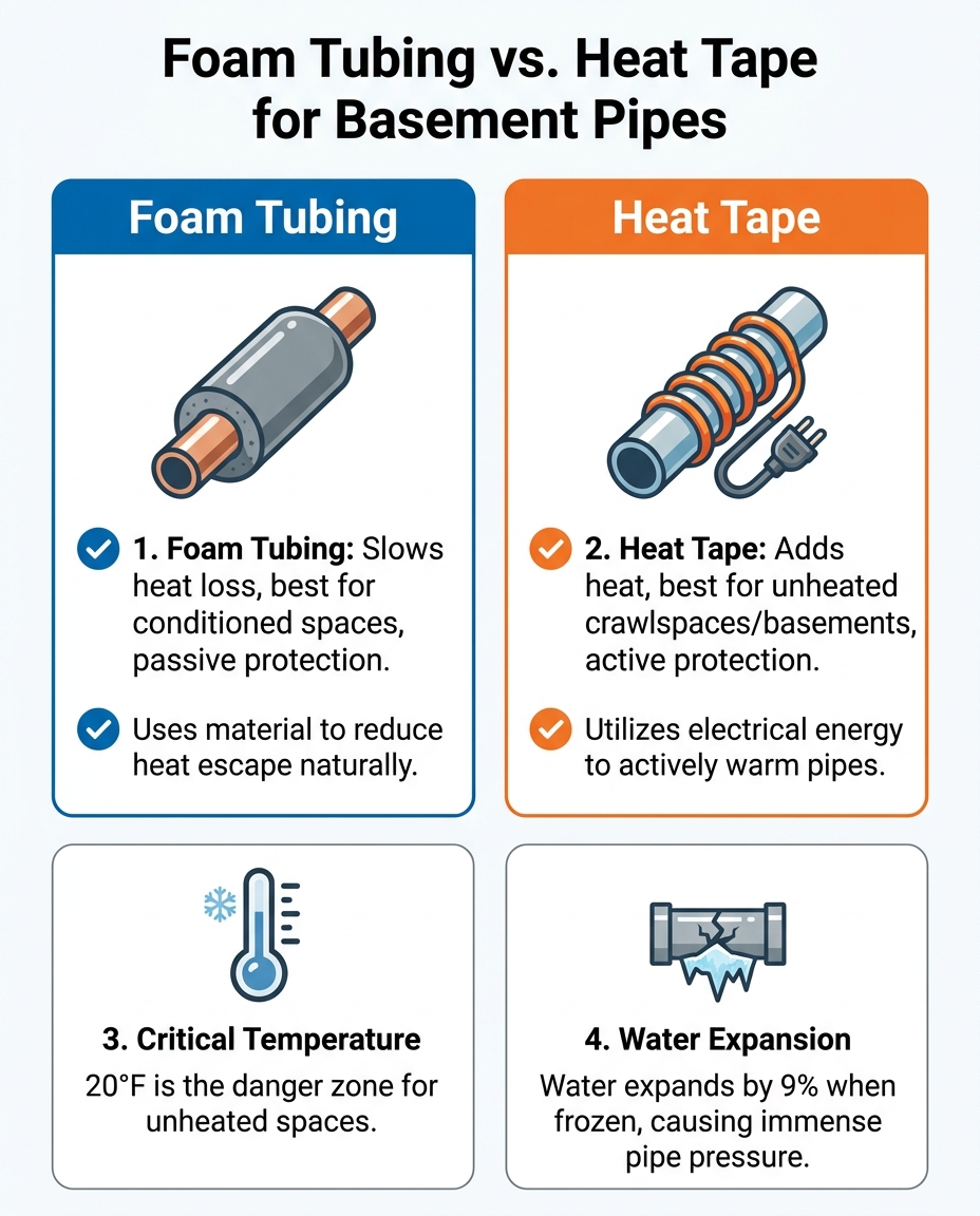 Foam Tubing vs. Heat Tape for Basement Pipes