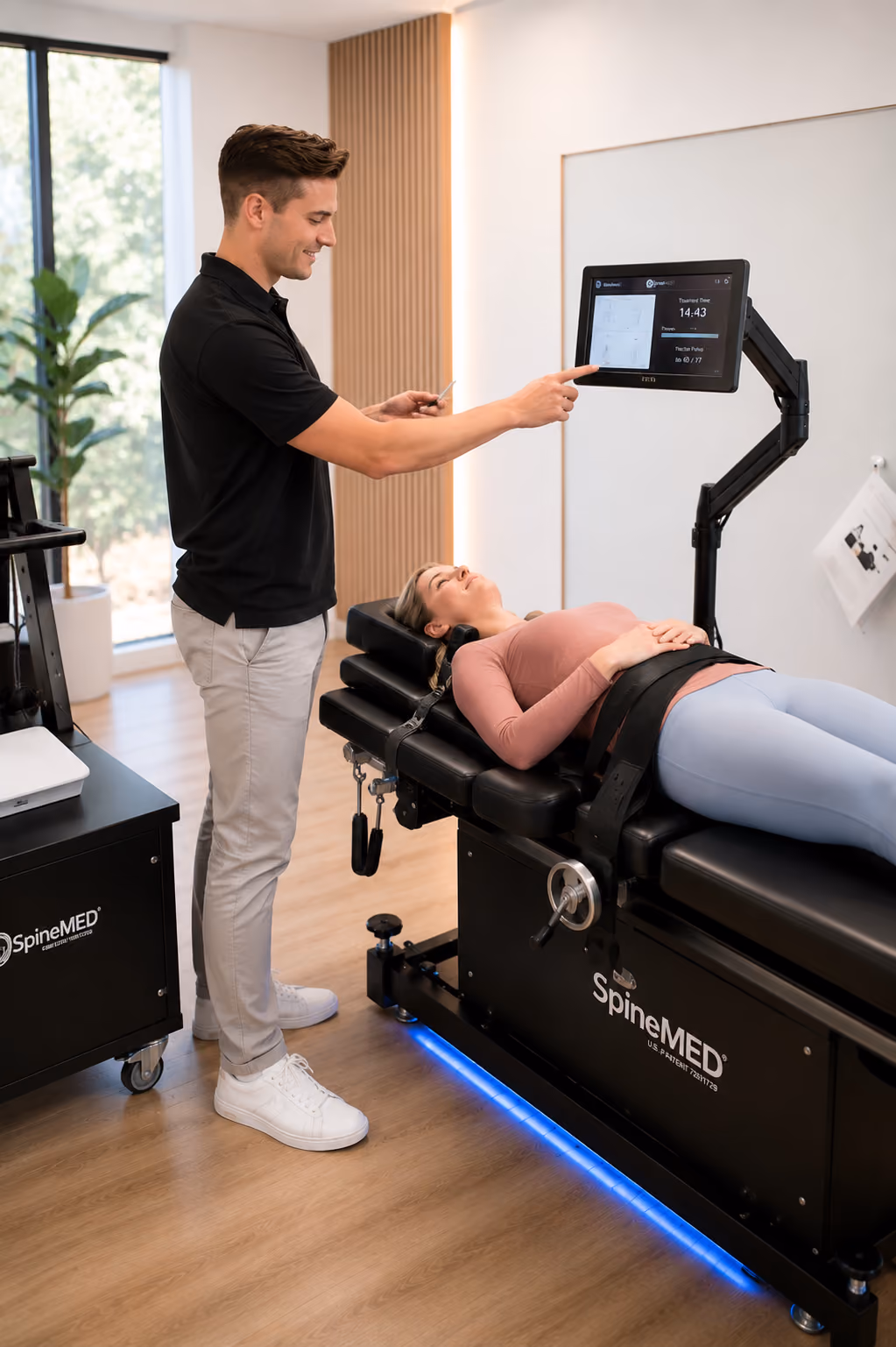 Therapist adjusting SpineMED table settings with patient lying strapped in for spinal decompression therapy.