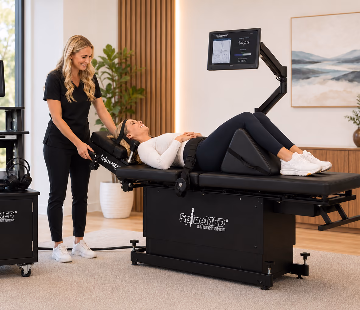 Woman lying on SpineMED table receiving treatment while technician adjusts the machine.
