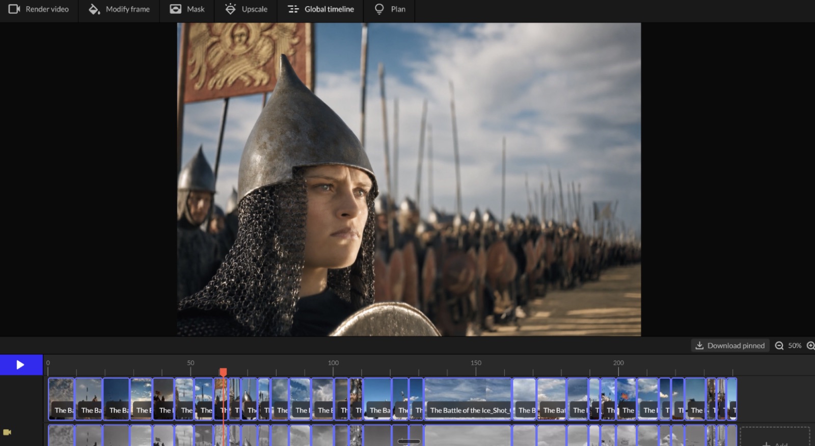 Mago's global timeline, with a full battle sequence laid out as pinned shots along the bottom of the editor