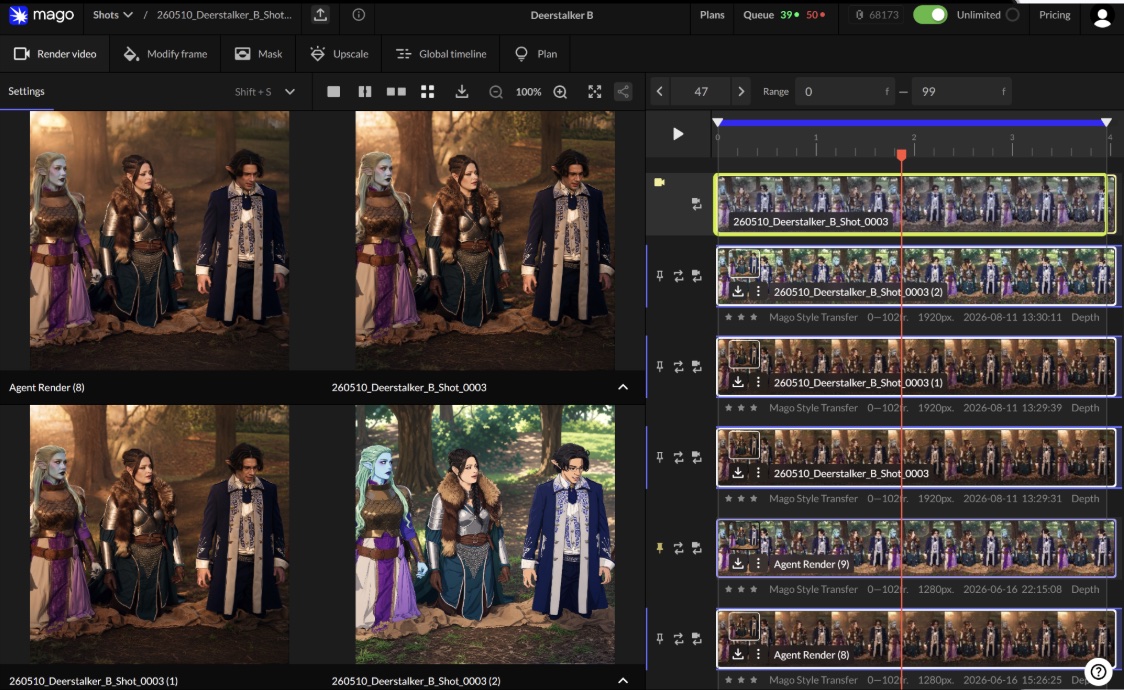 Four versions of the same shot compared side by side in Mago, with the full version history and its metadata listed down the right