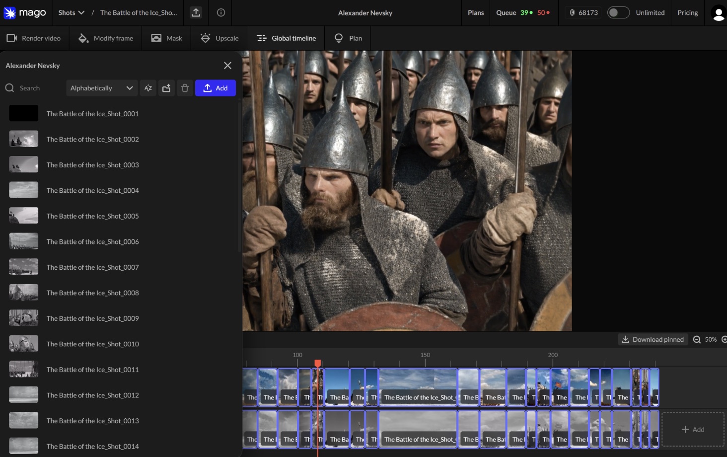 A project in Mago with its full shot list open on the left, a finished frame in the viewer, and the whole sequence laid out along the timeline below