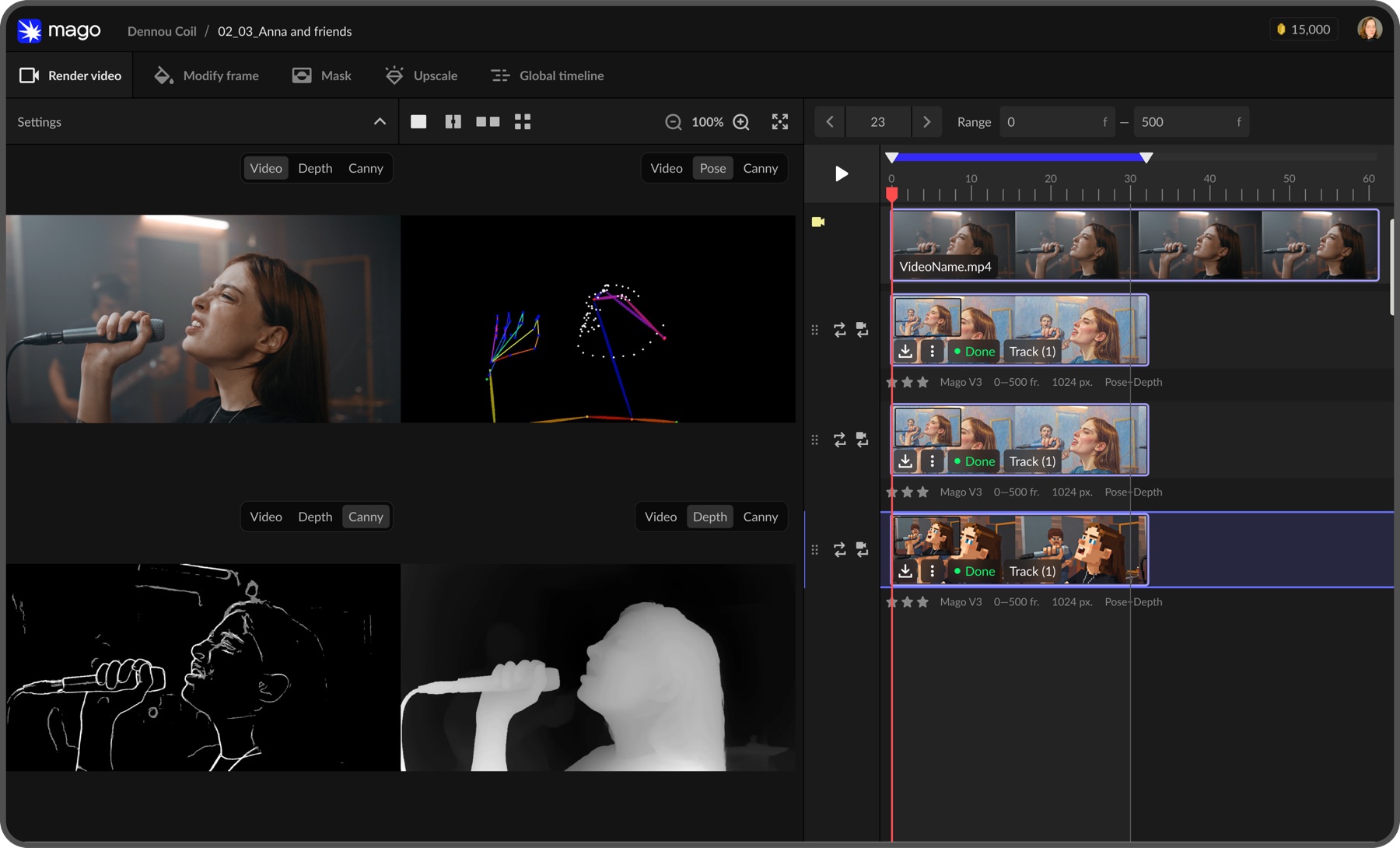 Mago showing a shot alongside its pose, depth and canny control maps, with completed render tracks listed on the timeline