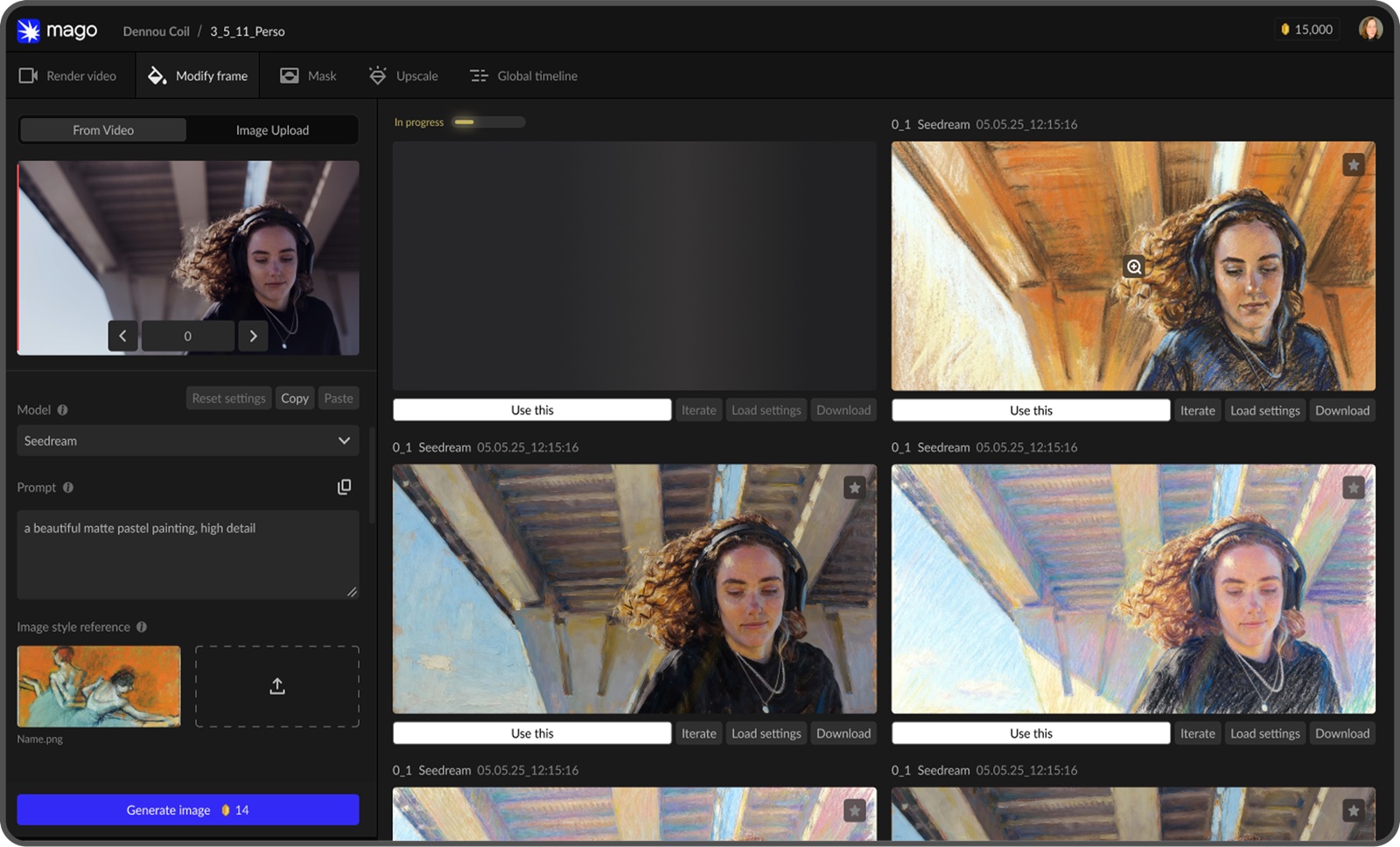 Mago's Modify Frame workspace, with one source frame on the left and several pastel-painted versions of it generated alongside