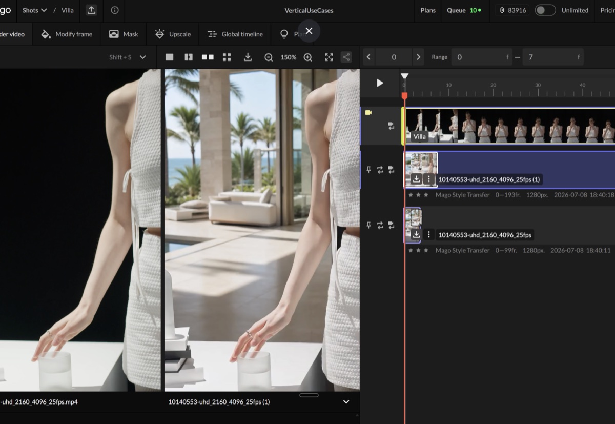 The same shot before and after in Mago, the plain studio backdrop behind the subject replaced with a villa interior
