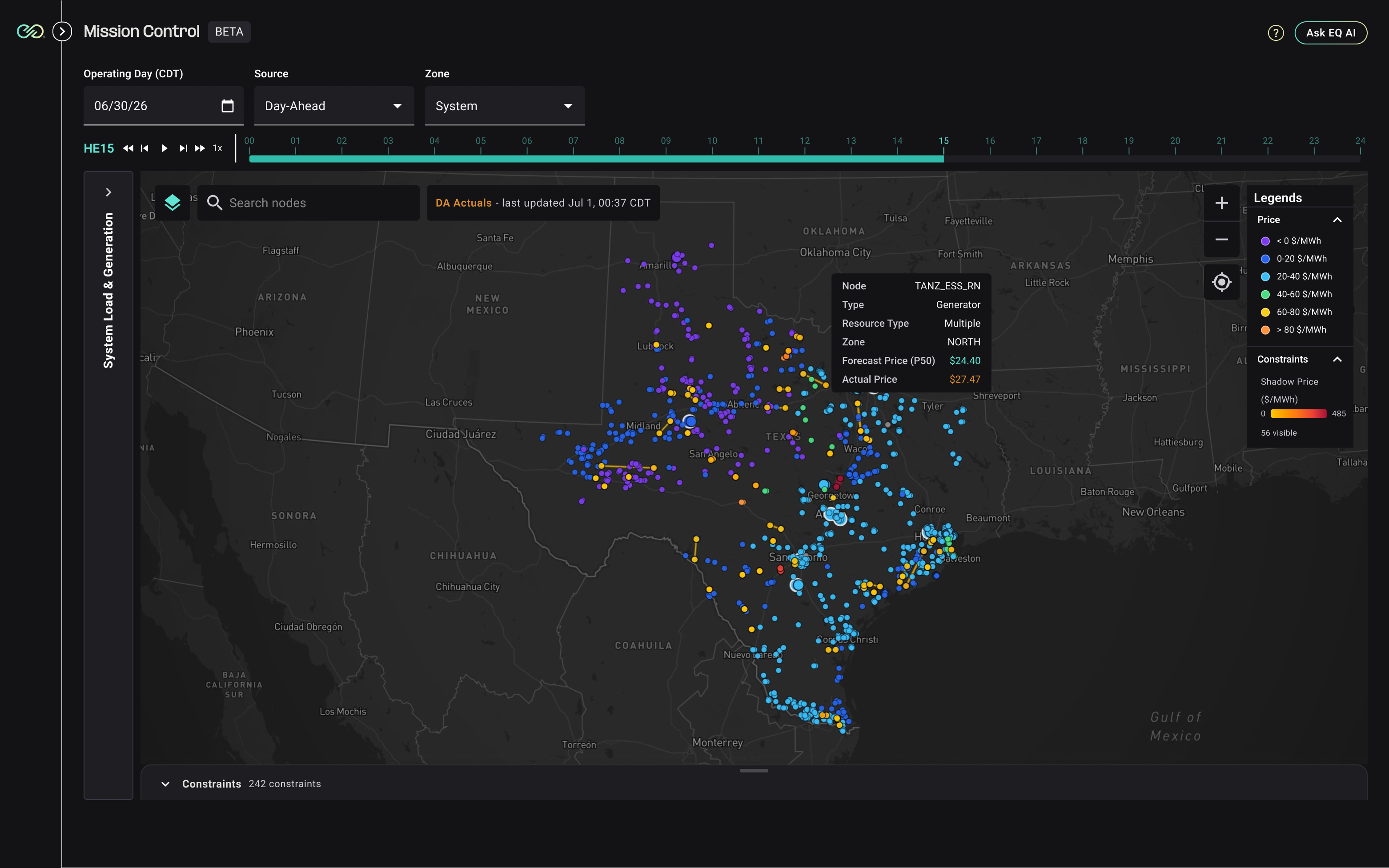 Mission Control dashboard showing an ERCOT nodal price map of Texas with pricing legend and controls