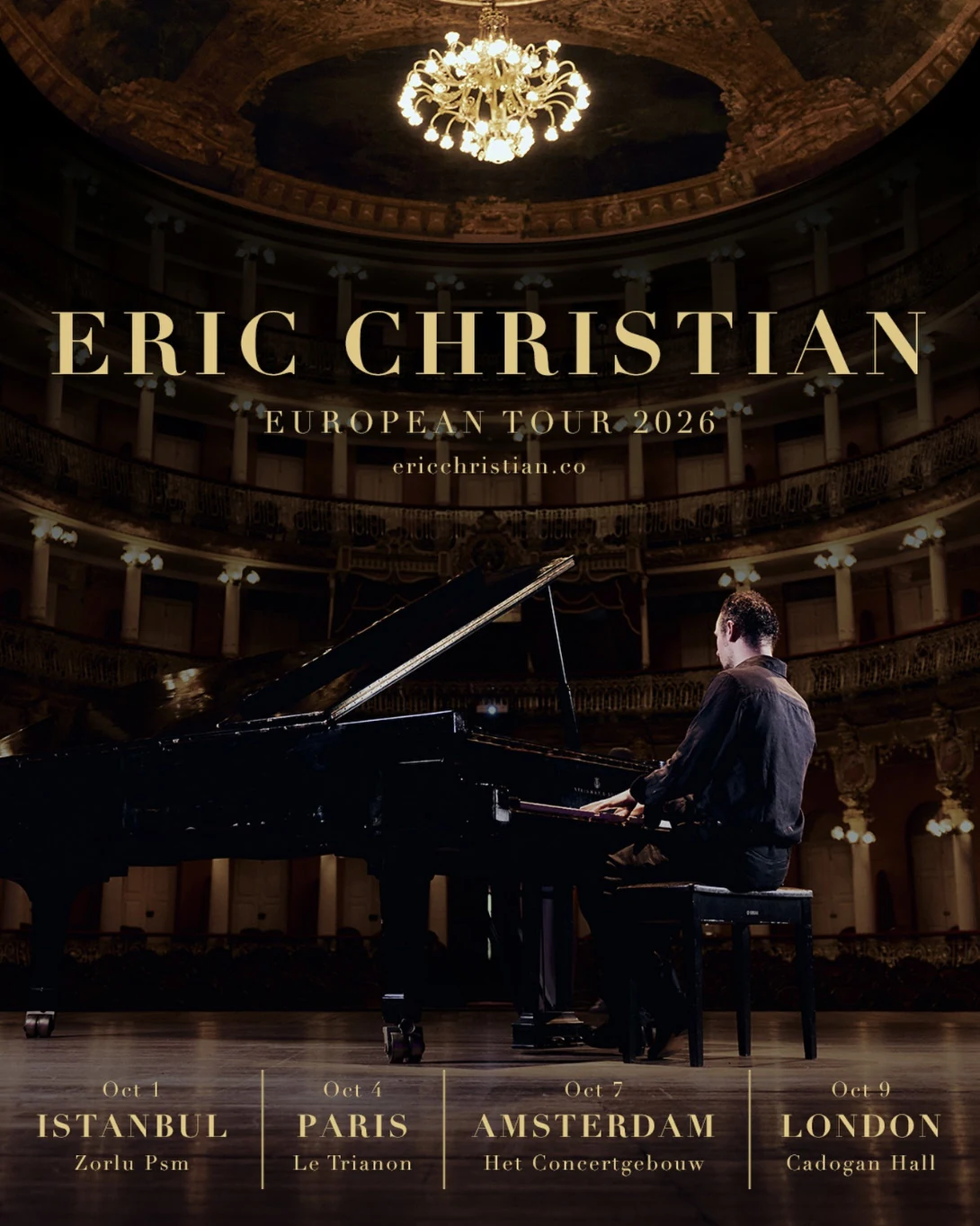 Eric Christian European Tour 2026 poster, photographed at a grand piano in a concert hall