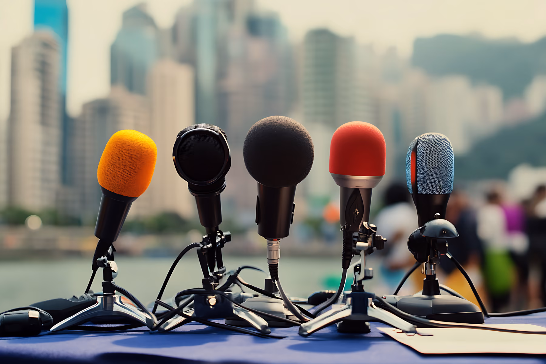 Five microphones from different press outlets with colored foam covers on stands arranged on a table with a blurred cityscape in the background.