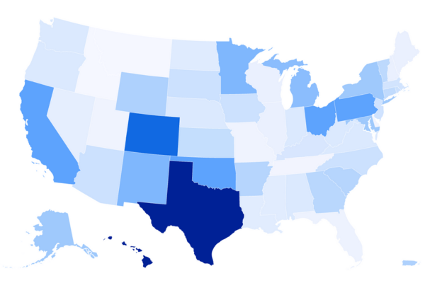 Map showing money transmitter license costs across all 50 US states with fee variations highlighted by region