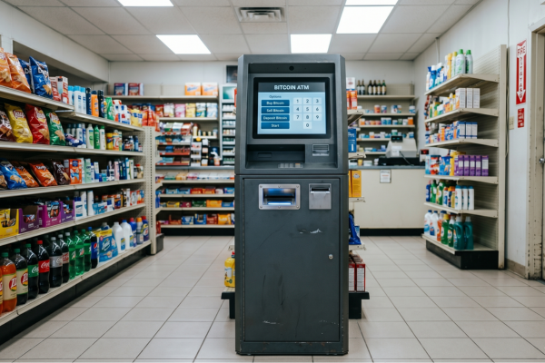 Bitcoin ATM kiosk in a retail store, illustrating crypto kiosk compliance requirements under California's DFAL and the federal CLARITY Act