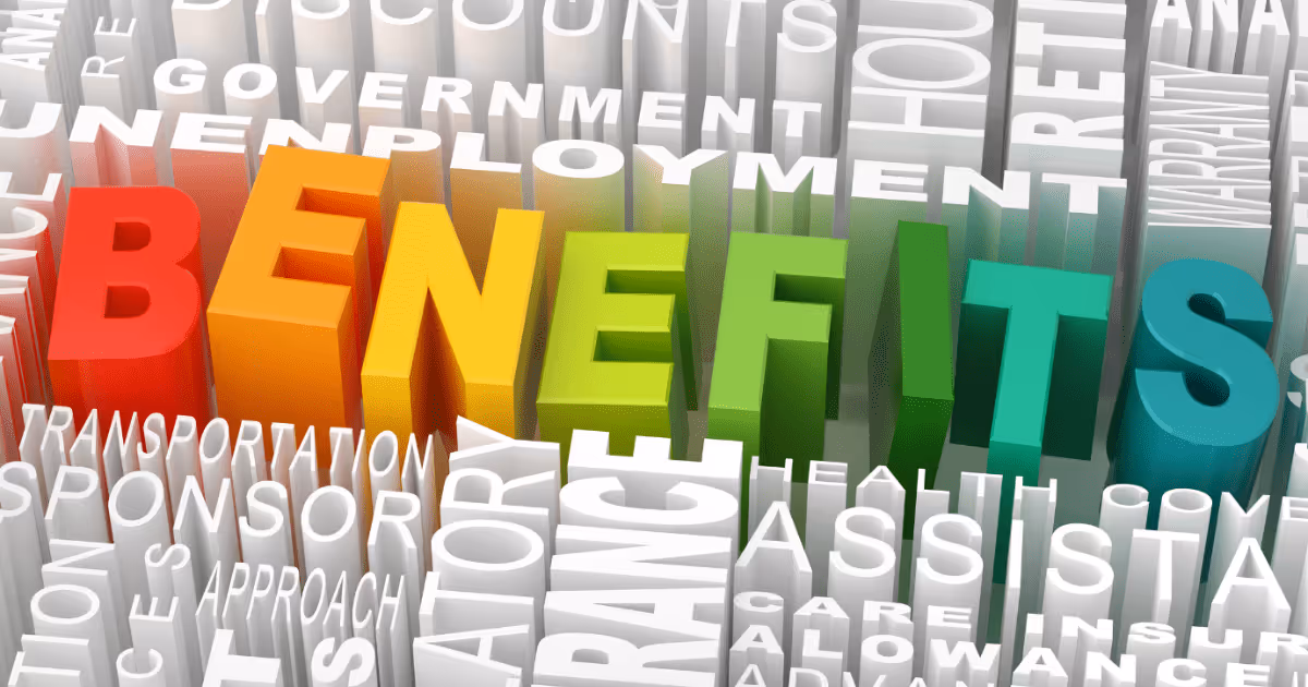 3D colorful letters spelling out 'BENEFITS' surrounded by various related white words such as insurance, health, retirement, resources, and analytics, illustrating different types of benefits and assistance.