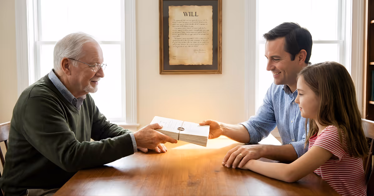 A grandfather handing a written will to a smiling father and young daughter at a wooden table.
