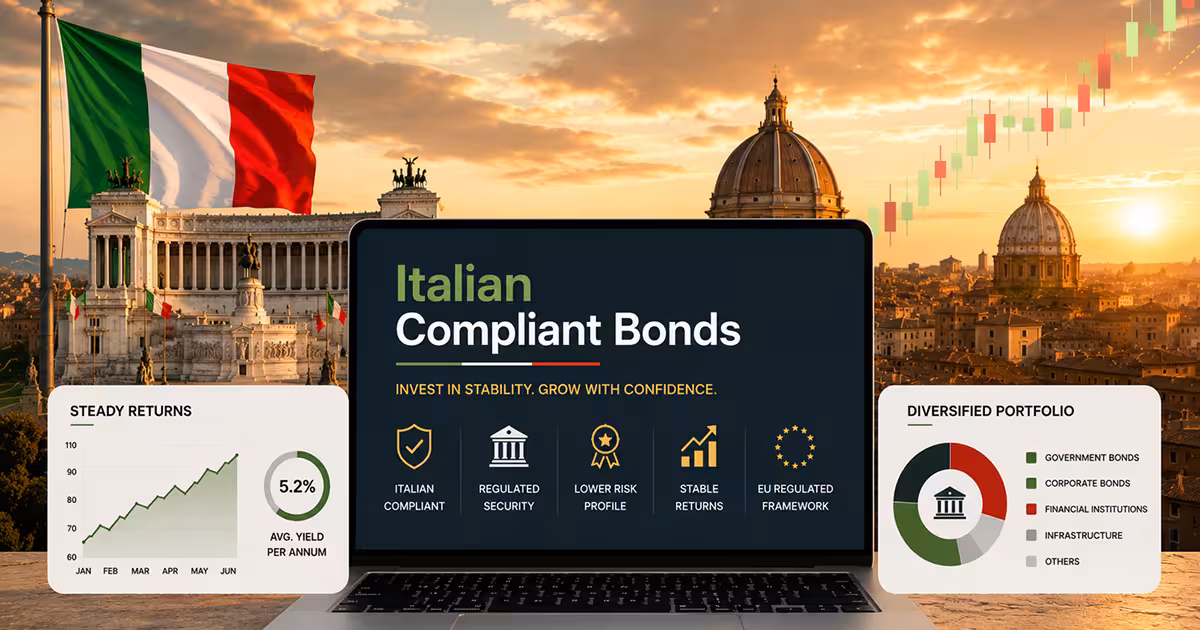 Italian flag and skyline with laptop showing Italian compliant bonds, steady returns graph, and portfolio chart.
