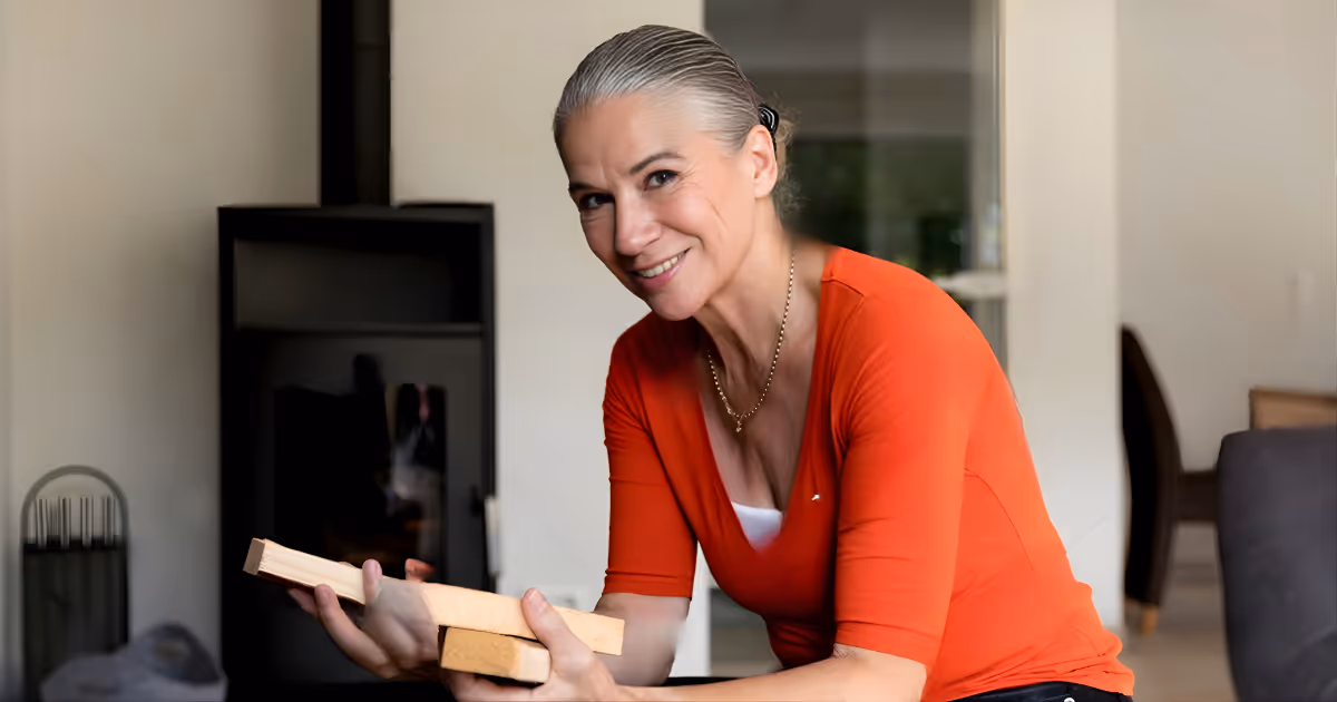 Smiling retiree with firewood on her hands sitting in living room at home with a log-burner in the background