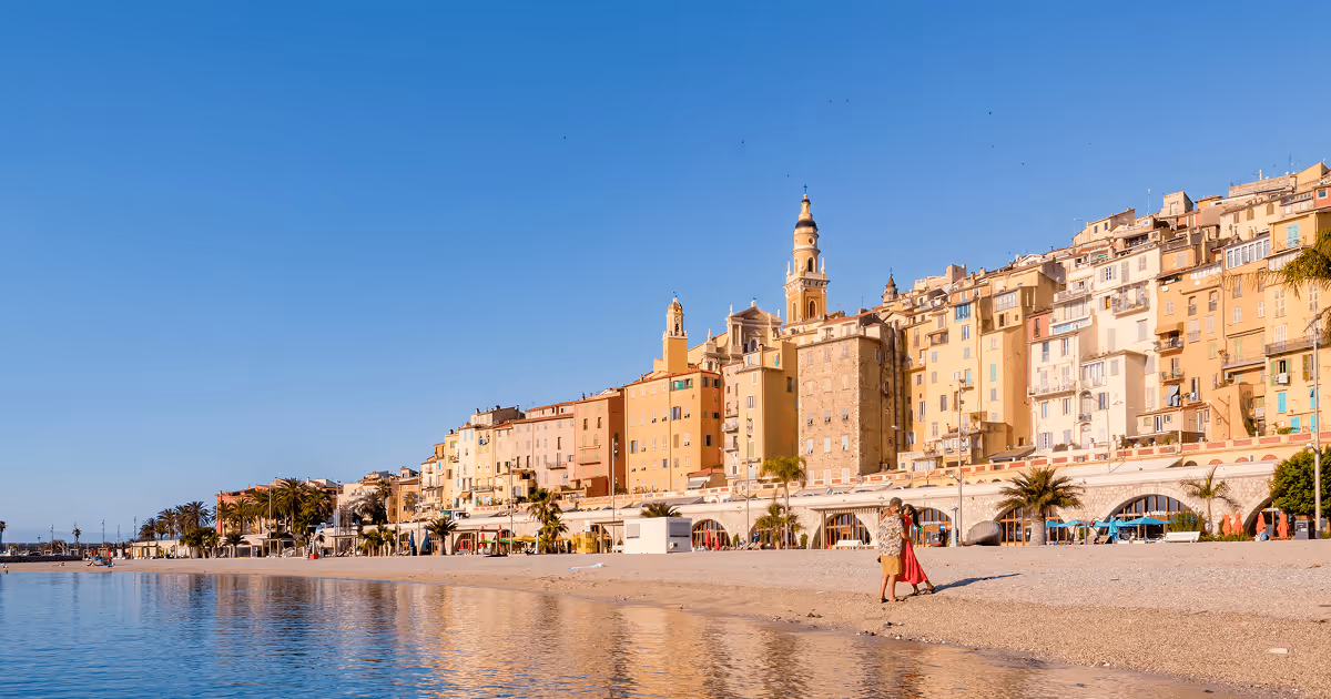Menton beach in the Provence-Alpes-Cote d'Azur, France, where older couples like to retire in France