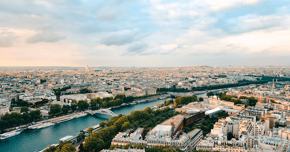 Panoramic aerial view of Paris with Seine River, bridges