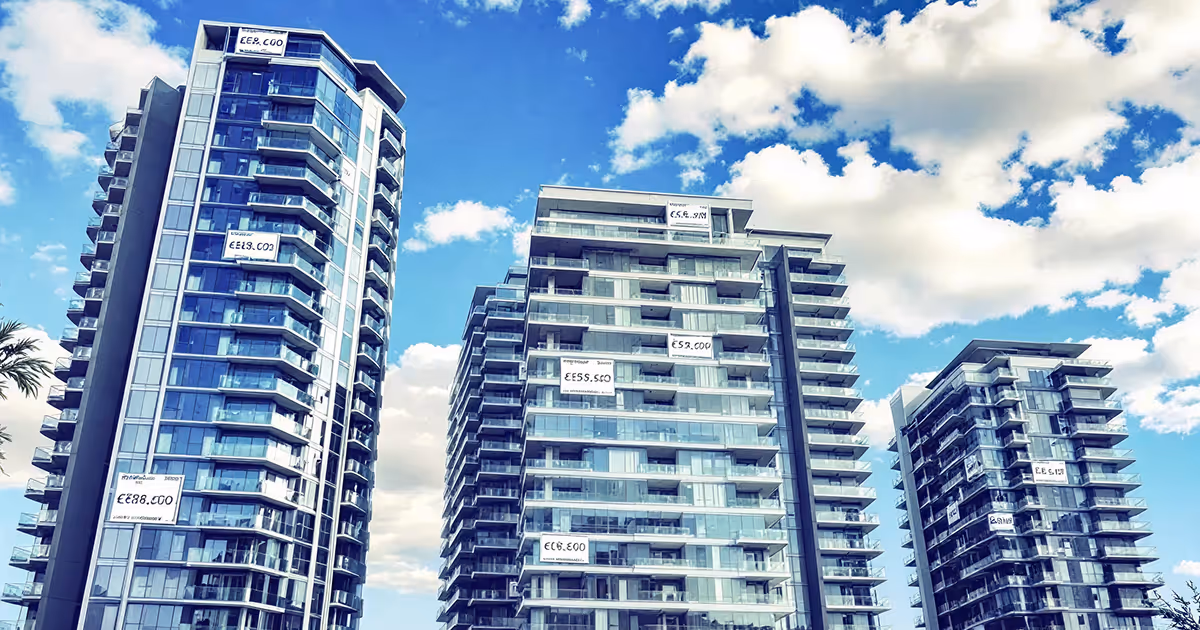 A low-angle exterior shot of three modern, glass-fronted residential high-rise towers against a blue sky with white clouds. Several banners advertising sale prices are visible on the balconies of the buildings.