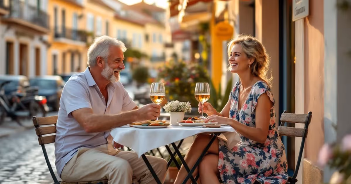 A smiling mature couple enjoying an al fresco meal and white wine at a small table on a sunlit, cobblestone European city street.