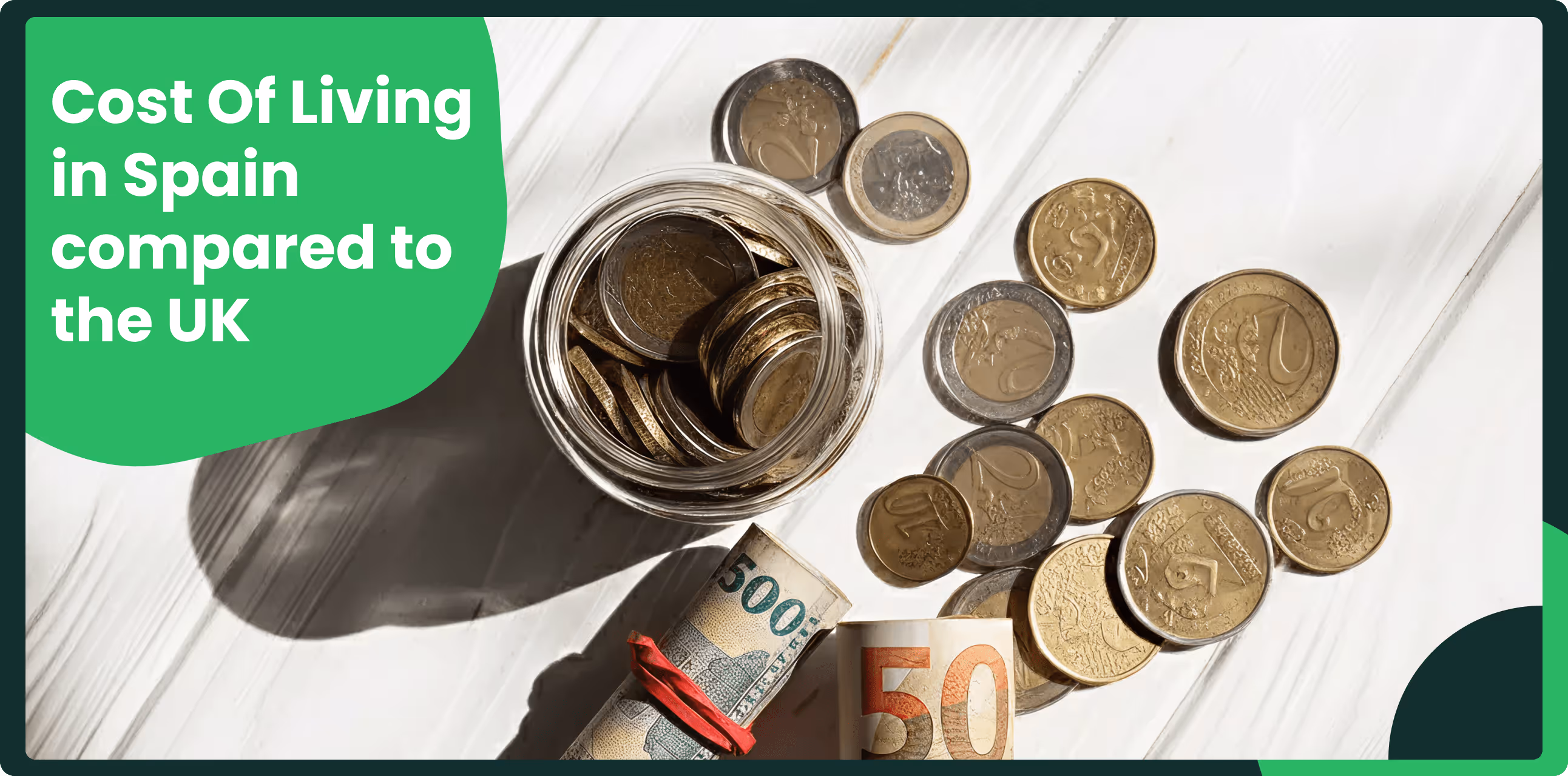 Jar of euro coins and rolled banknotes representing a comparison of living costs between Spain and the UK