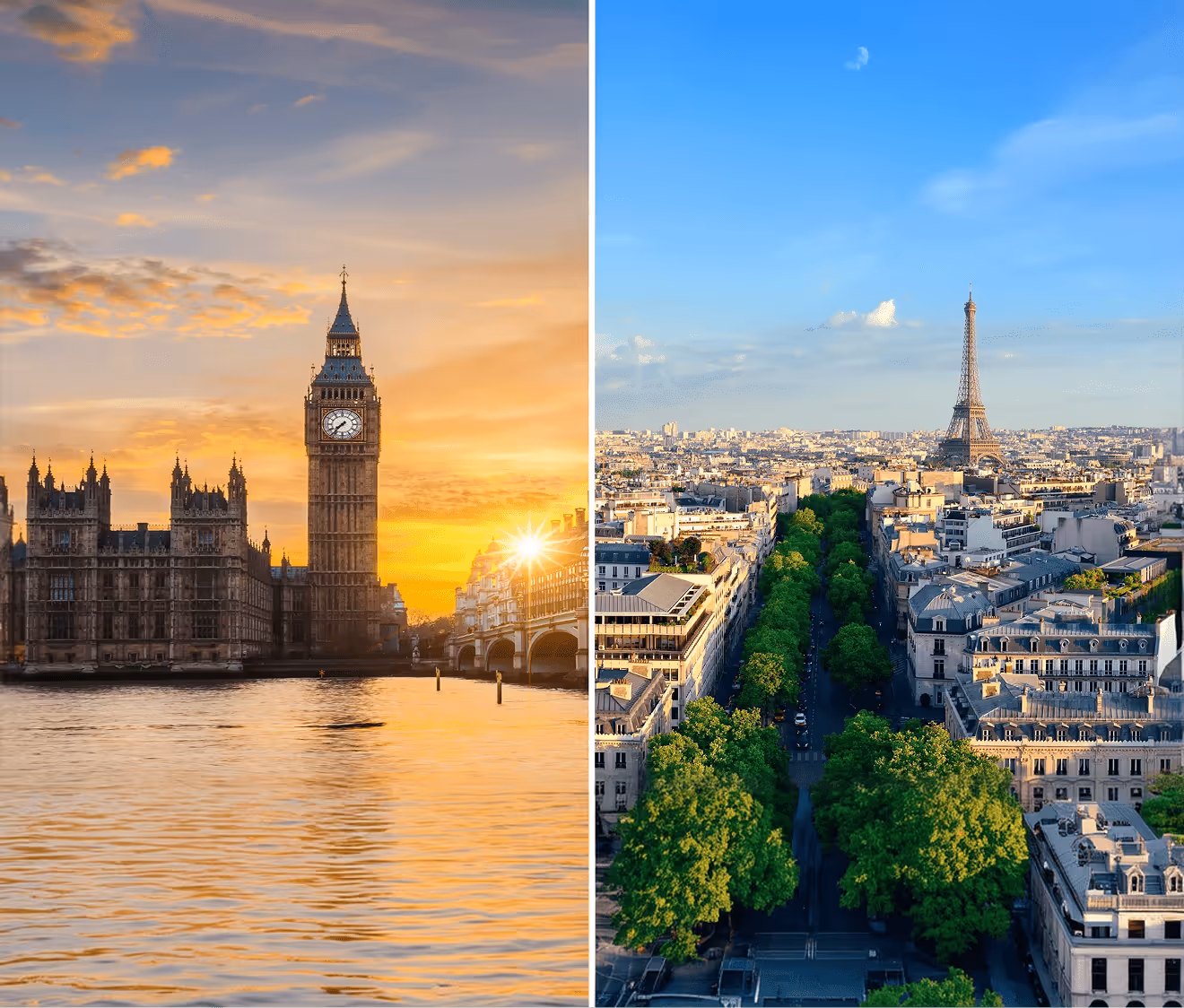 A split image comparing London’s Big Ben and Paris skyline and the Eiffel Tower, representing UK and France pension system comparison