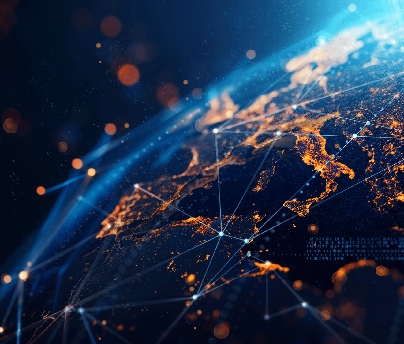 dynamic digital world map emphasize Western Europe continental for AI powered global network connectivity big data transfer cyber technology network information exchange