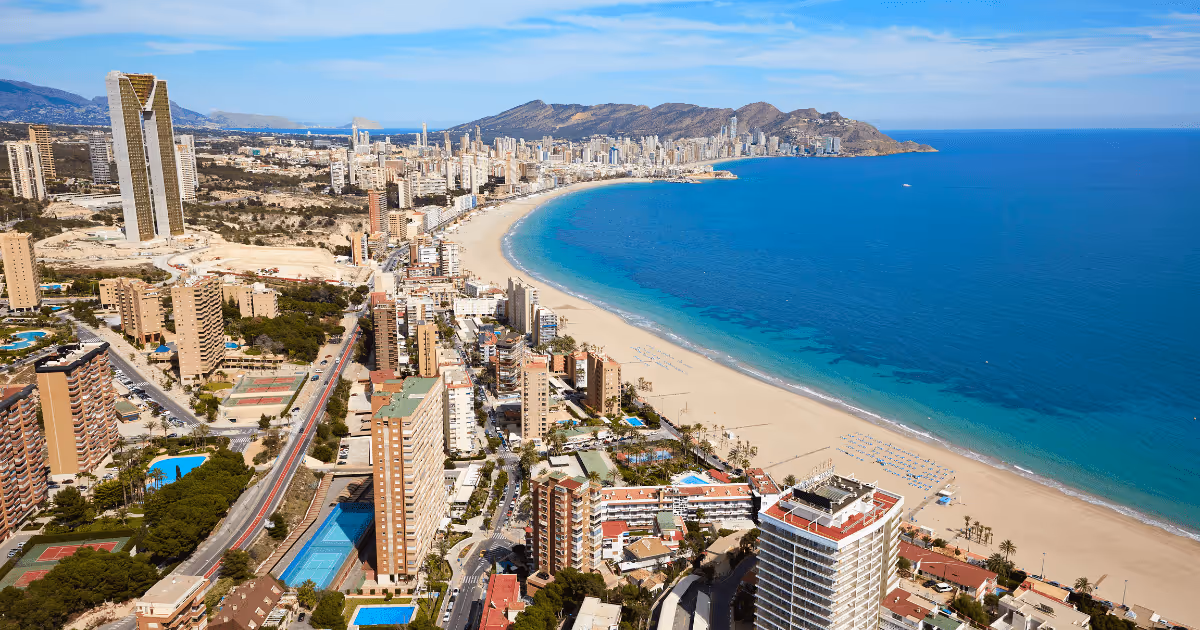Benidorm beach aerial skyline in Alicante Mediterranean of Spain