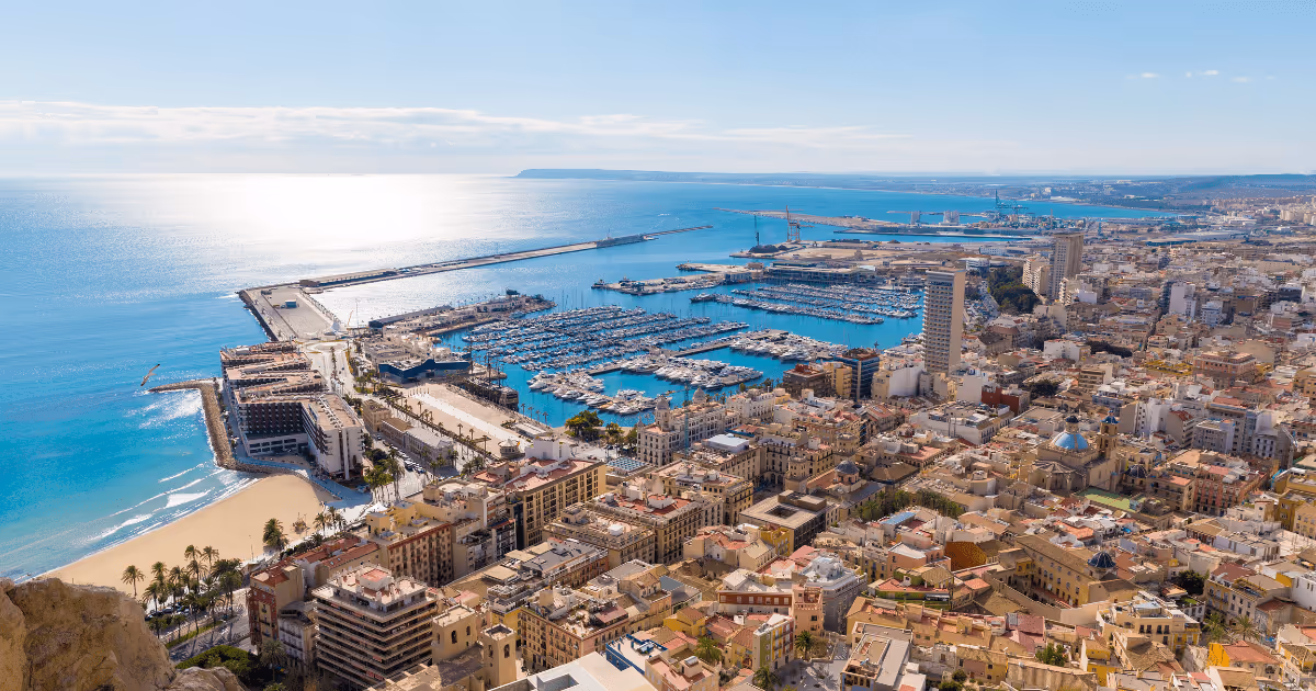 Alicante skyline aerial view from Santa Barbara Castle in Spain