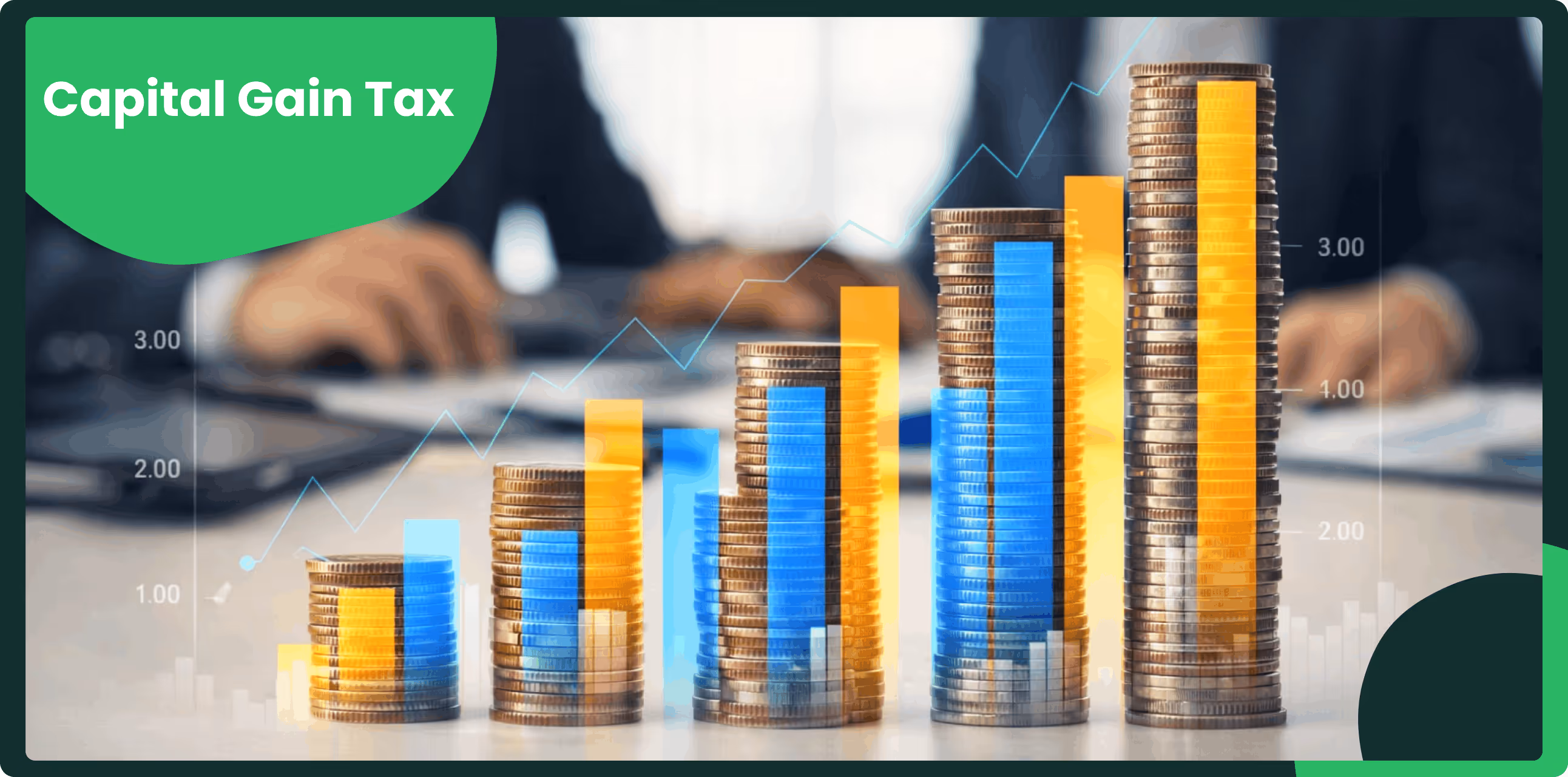 Stacks of coins arranged from low to high with an overlaid bar-and-line growth chart, while two business professionals sit blurred in the background at a desk.