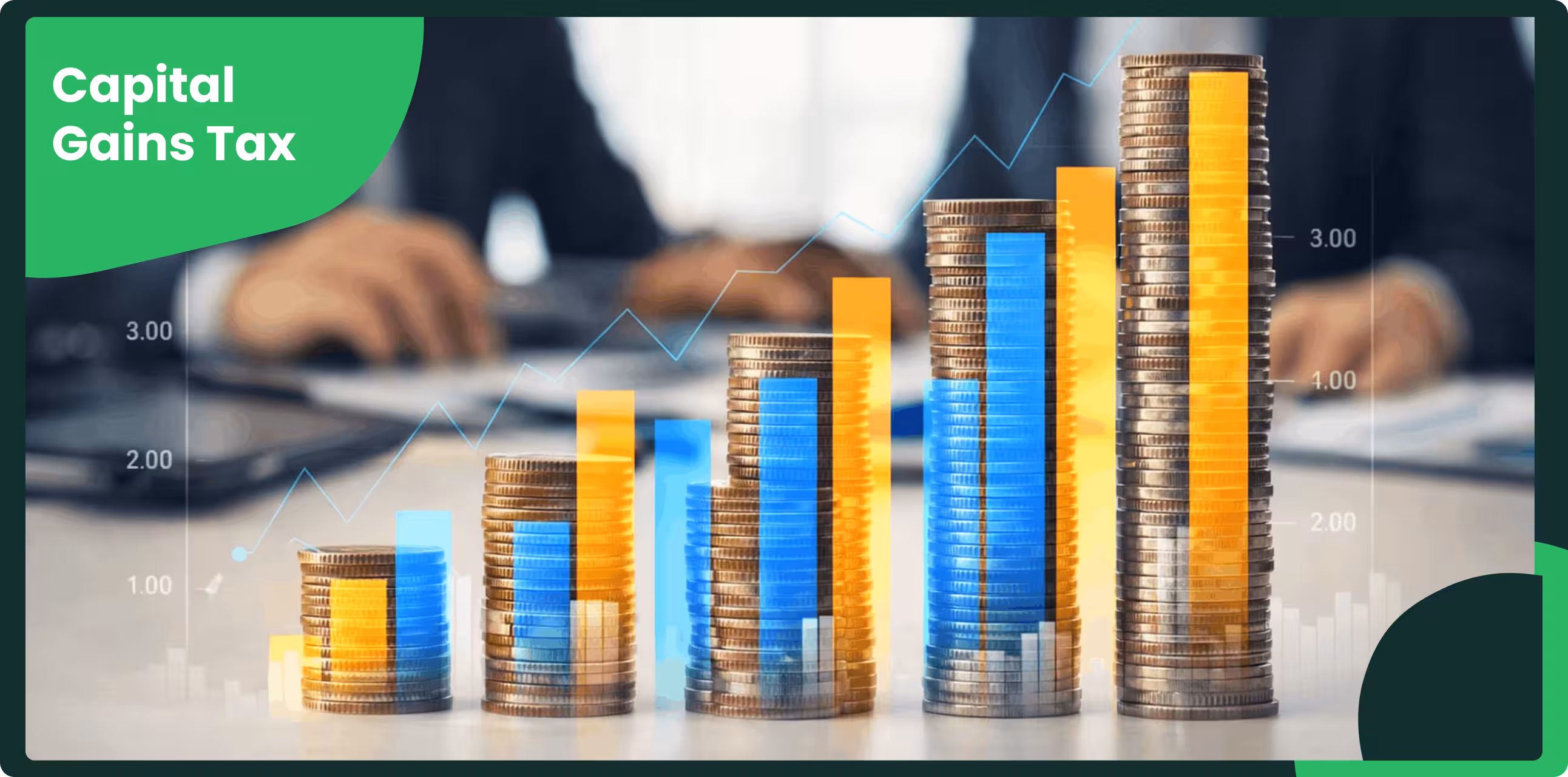 Stacks of coins arranged from low to high with an overlaid bar-and-line growth chart, while two business professionals sit blurred in the background at a desk.