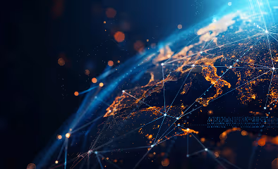 dynamic digital world map emphasize Western Europe continental for AI powered global network connectivity big data transfer cyber technology network information exchange