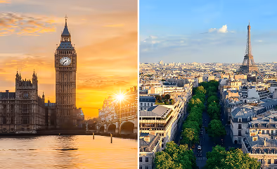 A split image comparing London’s Big Ben and Paris skyline and the Eiffel Tower, representing UK and France pension system comparison