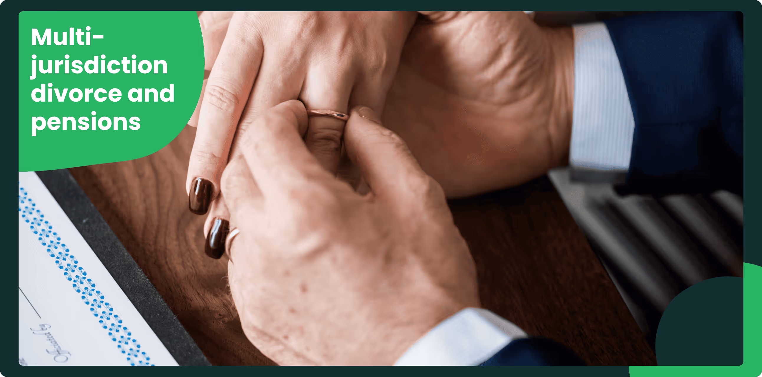 Close-up of hands removing a wedding ring, illustrating multi-jurisdiction divorce and pension considerations
