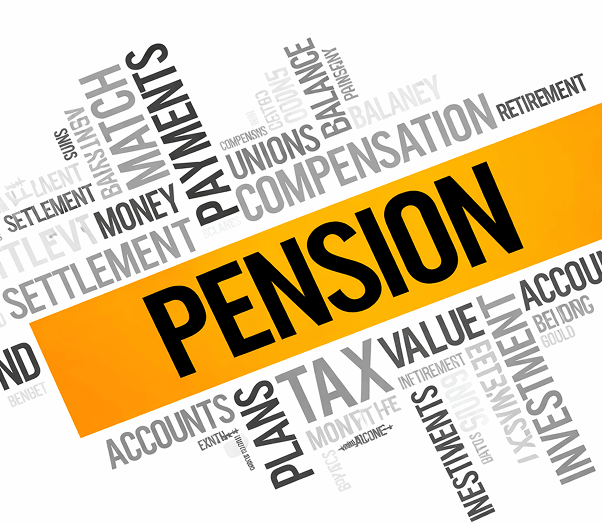 Word cloud graphic highlighting ‘PENSION’ in bold yellow, surrounded by related retirement and financial planning terms such as tax, investments, savings, compensation, and retirement.