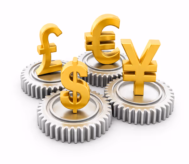 Golden currencies on silver gears