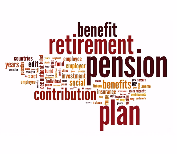 Word cloud illustrating pension and retirement planning concepts, including benefits, contributions, insurance, and social security.