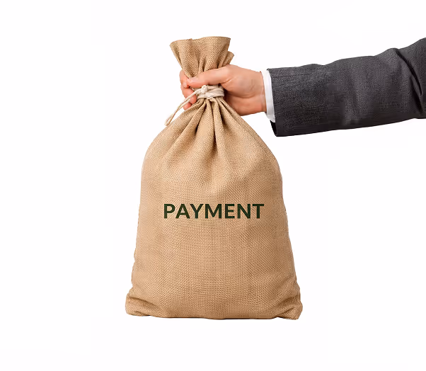Close-up of a businessperson’s hand holding a burlap sack labeled “PAYMENT” against a white background.