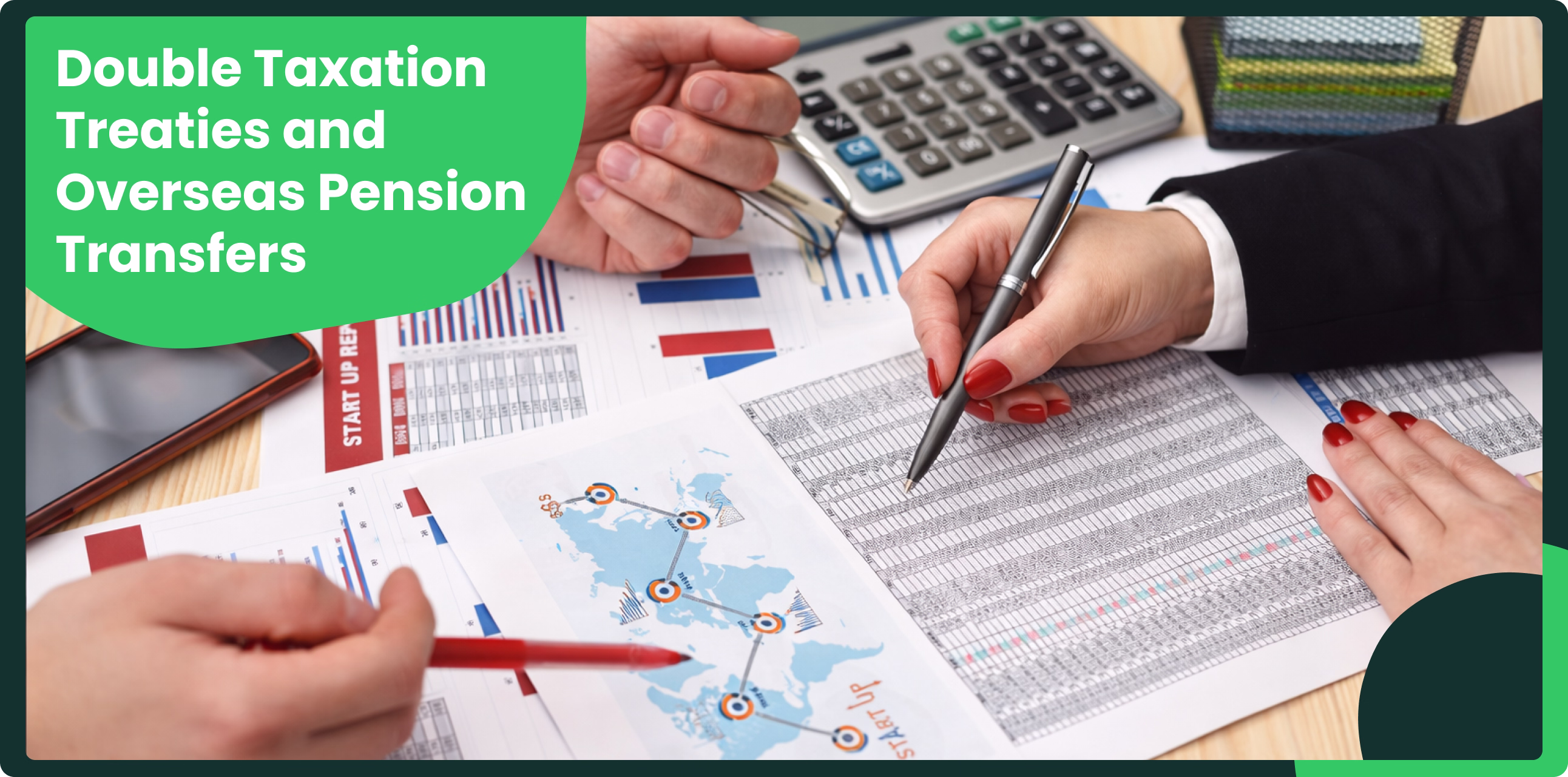 Two professionals review financial reports and global data during finance planning session.