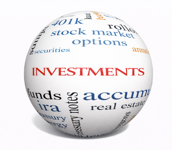 Spherical graphic displaying the word “Investments” surrounded by terms such as stocks, bonds, funds, real estate, and 401k, representing diversified investment options.