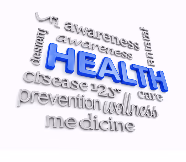 3D illustration of the word “Health” surrounded by related terms such as awareness, prevention, wellness, medicine, care, and disease