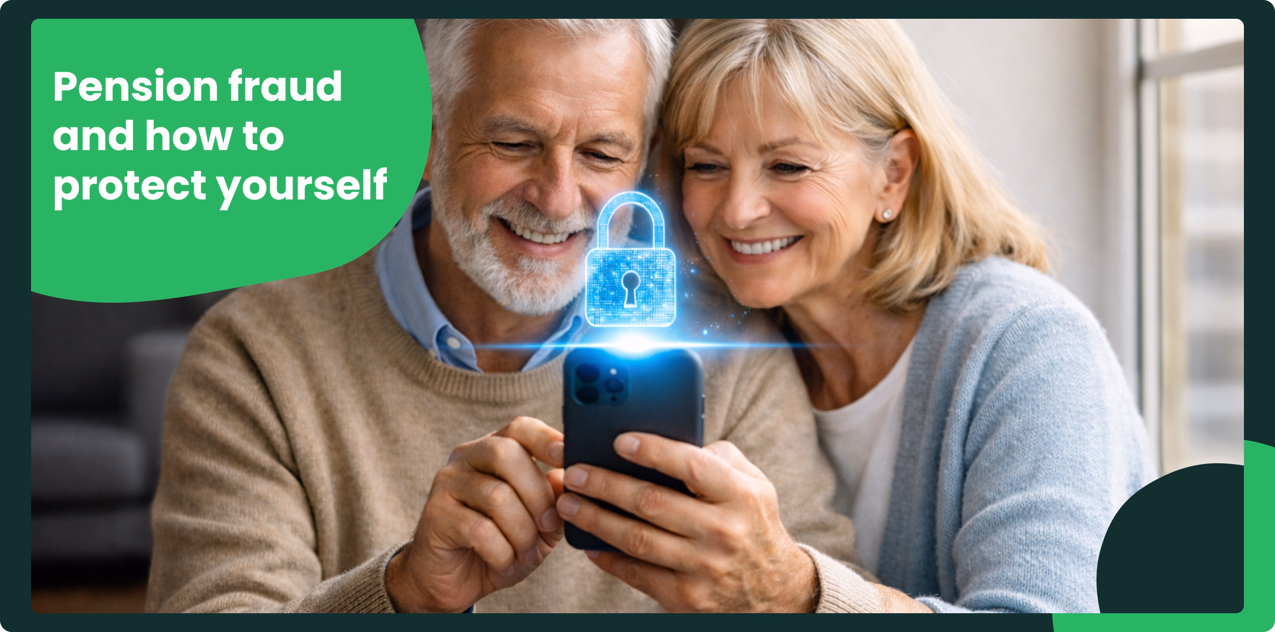 Retired British couple smiling while using a smartphone with a glowing digital lock icon, representing secure online access, data protection, and digital safety.