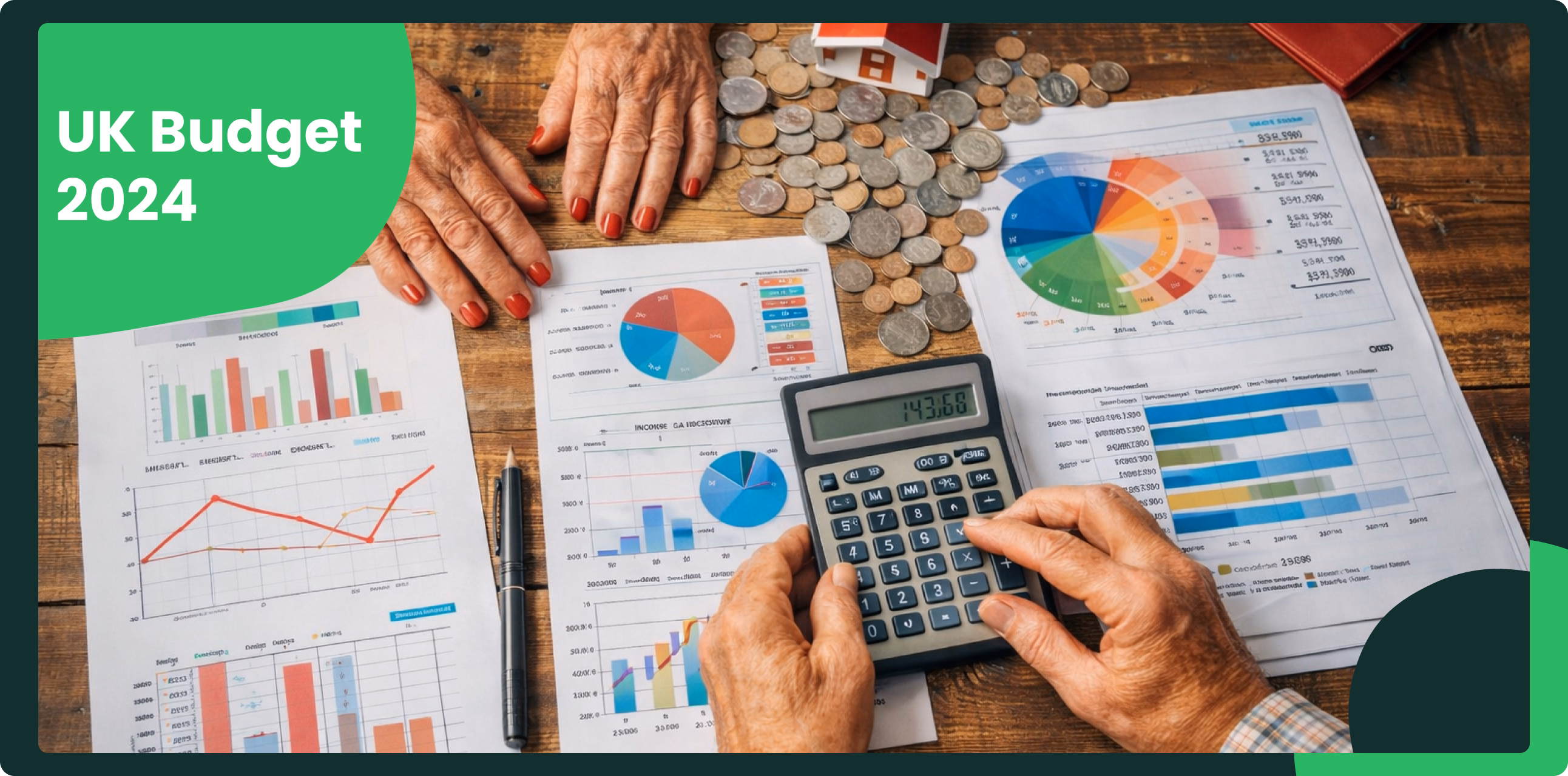 Top-down illustration of a retired couple using a calculator, counting coins, and going over financial charts and documents at a wooden table to symbolize retirement financial planning and strategy.