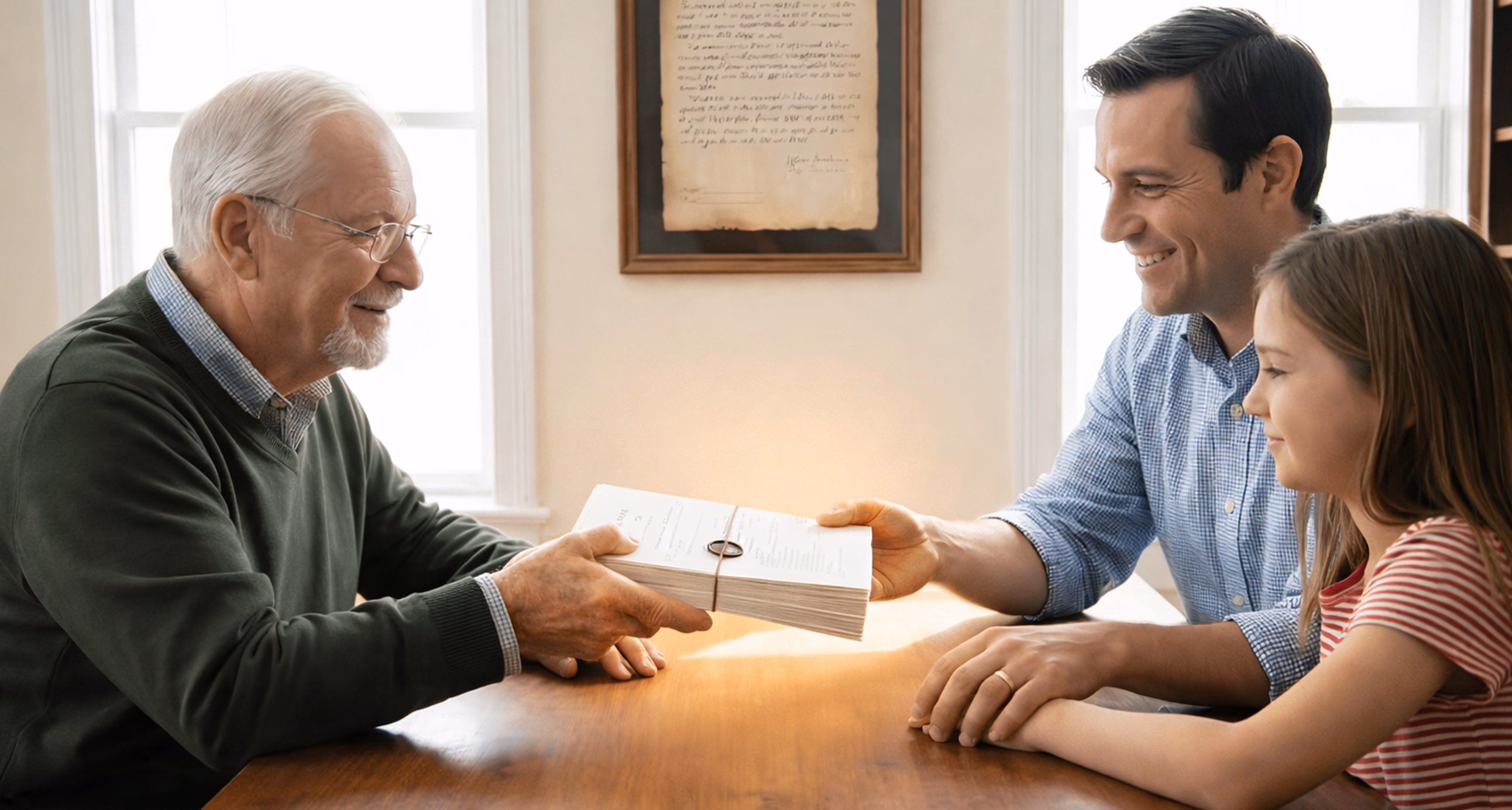 A grandfather handing a written will to a smiling father and young daughter at a wooden table.